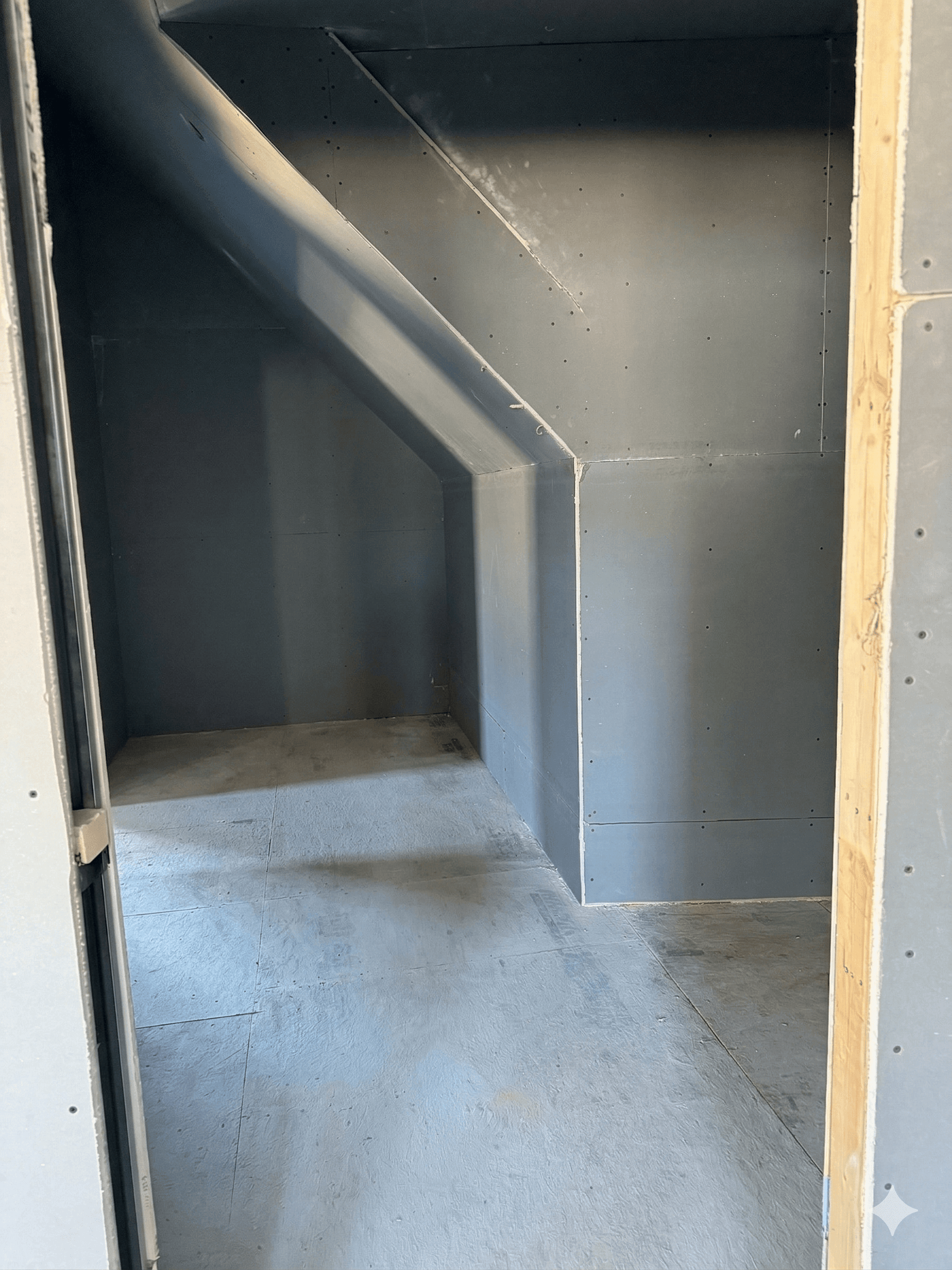 Angled closet space with precision blueboard install